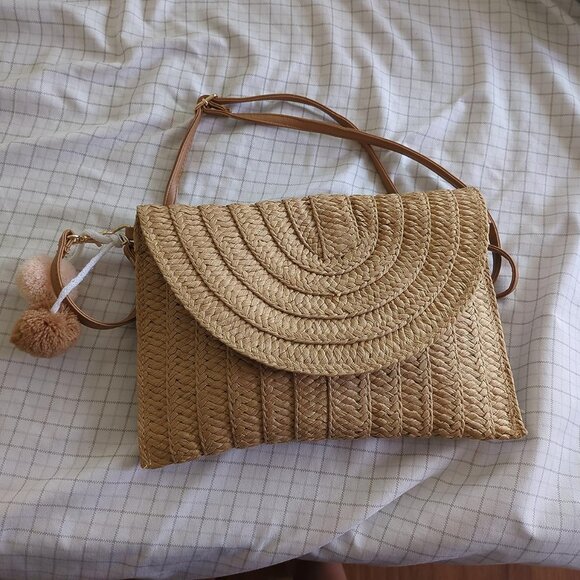 Neiman Marcus Handwoven Khaki Flap Beach Bag with Convertible Strap - Picture 1 of 5